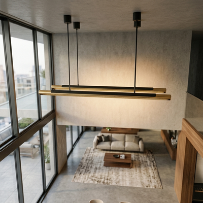 Meridian - 75-Inch Black and Gold Dual Tube LED Pendant Light - Statement Lighting