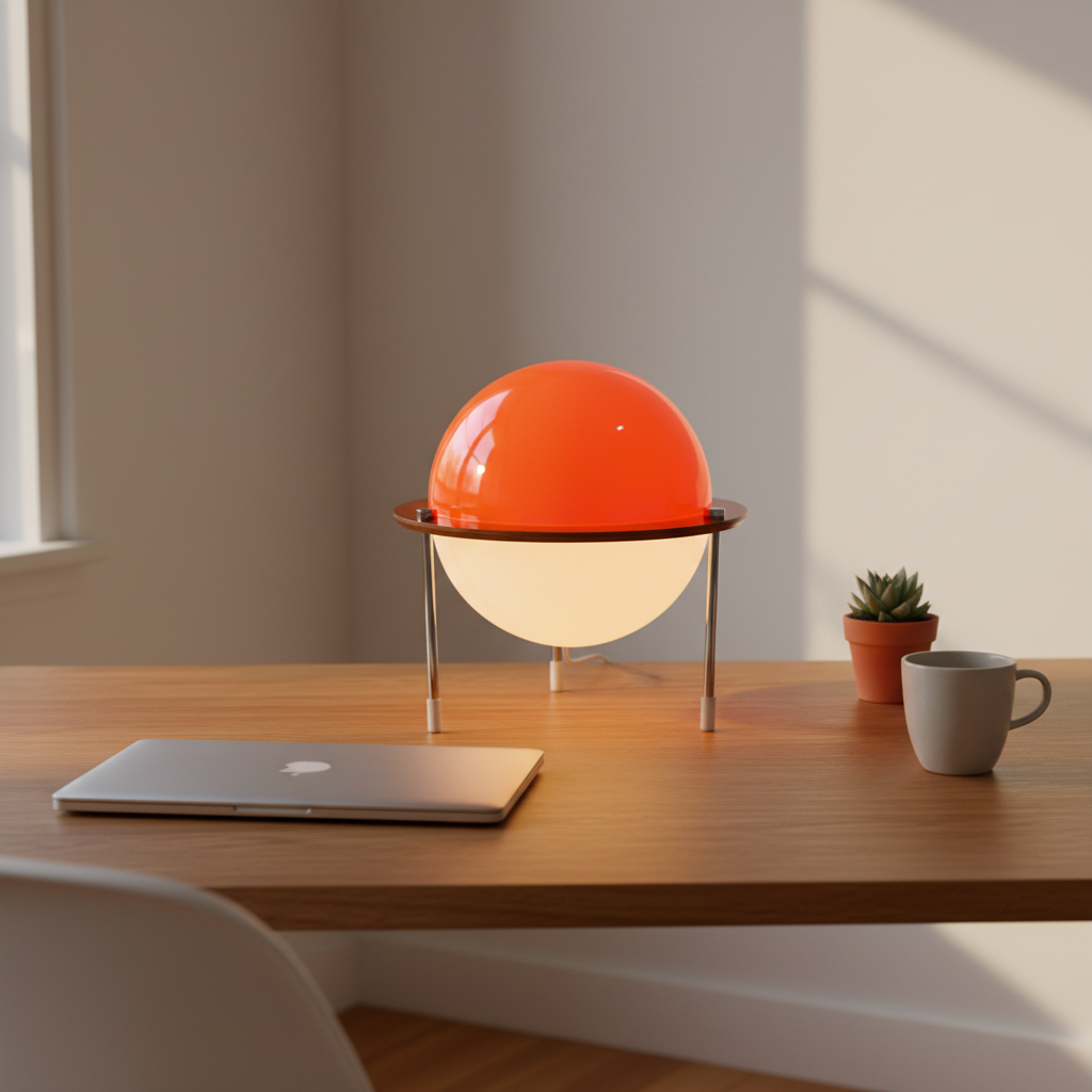 Orbis - Mid-Century Table Lamp, orange in a workspace