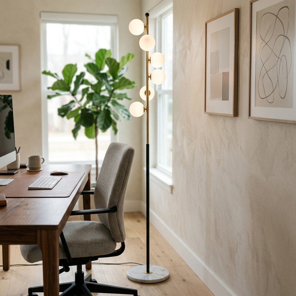 Scandinavian Glass-Orb Floor Lamp in a workspace