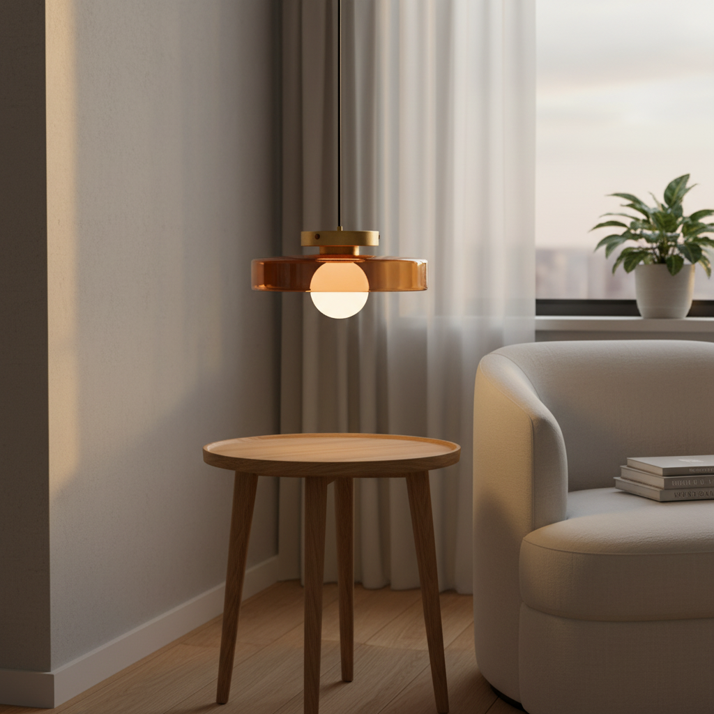Pastille - Glass Disc Pendant Light, amber in a workspace