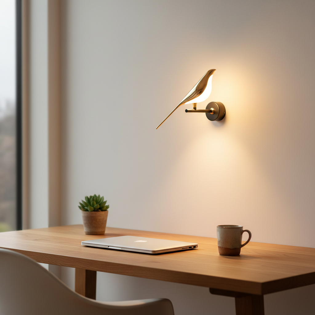 Pica - Scandinavian Bird Wall Lamp, single head in a workspace