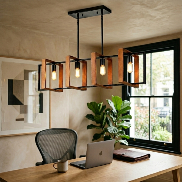 4-Light Rectangular Pendant Chandelier, brown in a workspace
