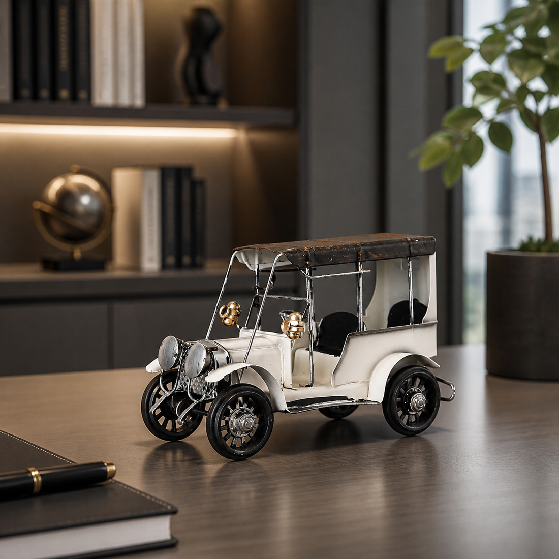 Retro Iron Classic Car Model, white in a workspace