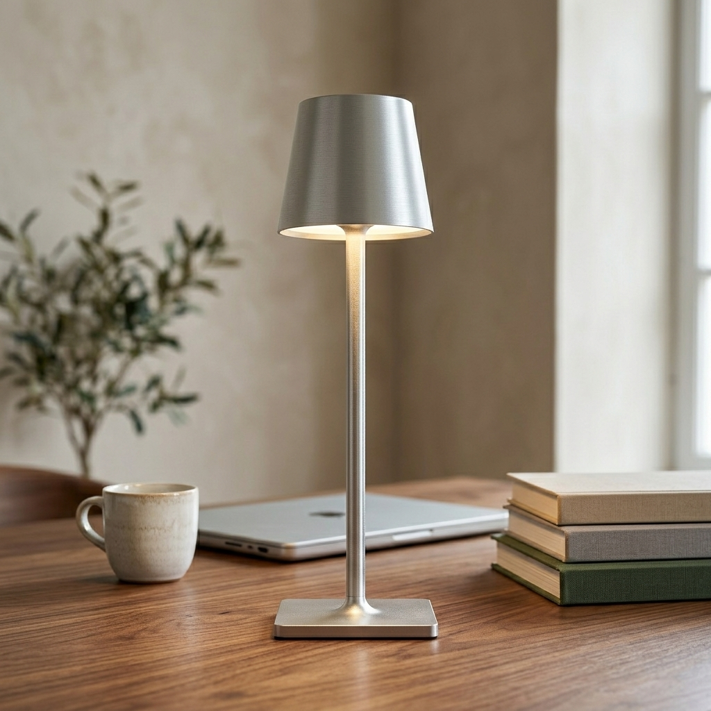 Tall Cordless Touch-Dim Lamp, silver in a workspace