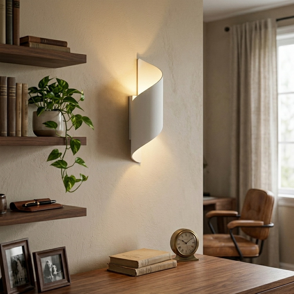 Spiral Up-Down Wall Sconce in White, in a workspace