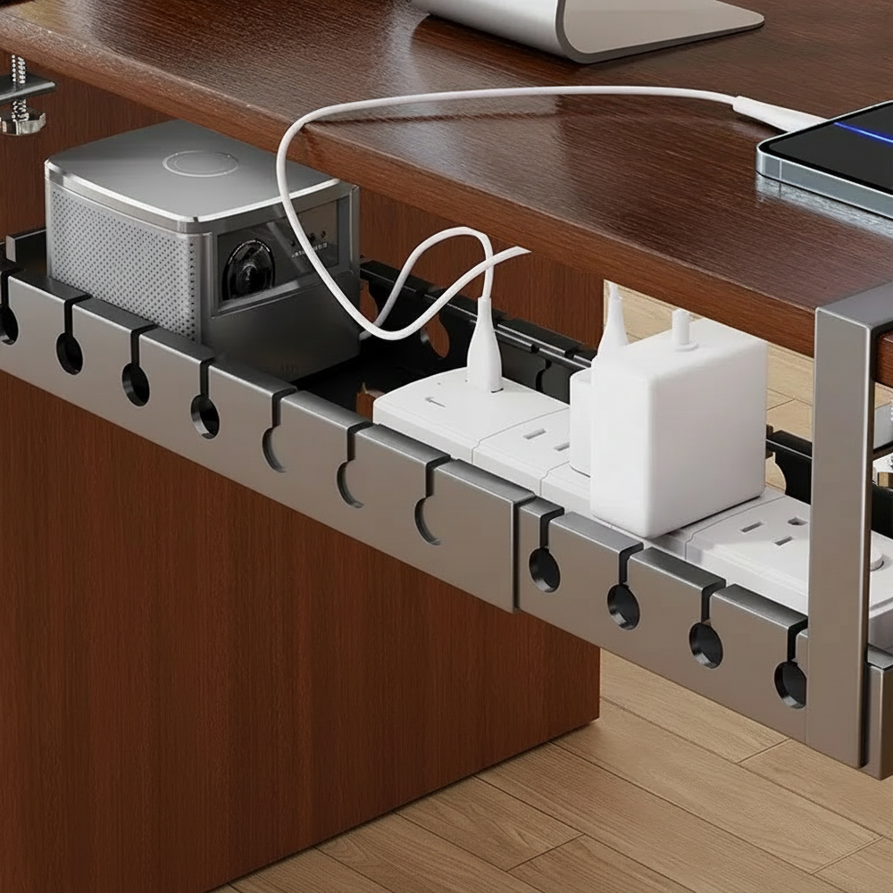 Under-Desk Cable Management Tray, close up detail