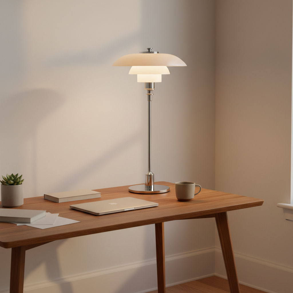 Strata - Danish Layered Table Lamp, chrome in a workspace