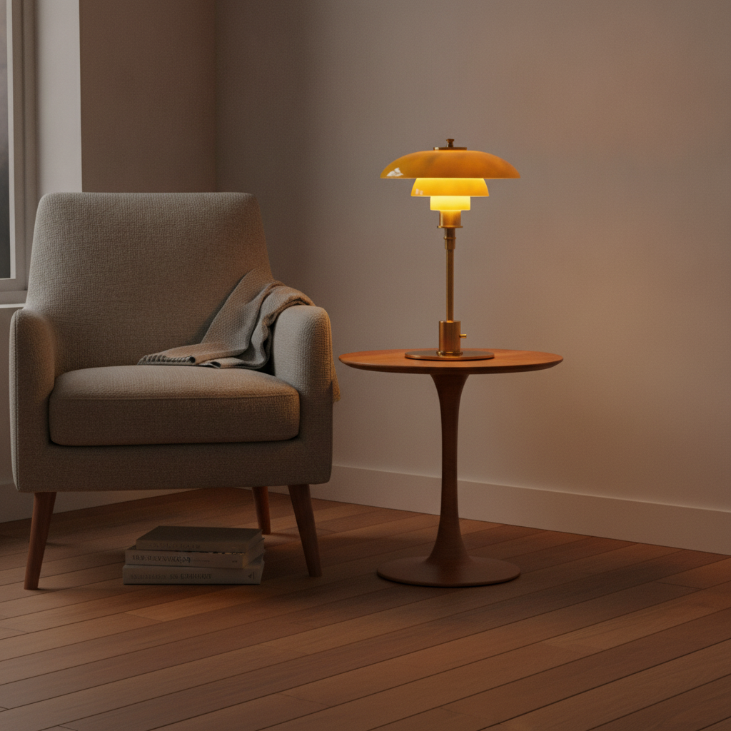 Strata - Danish Layered Table Lamp, copper in a workspace