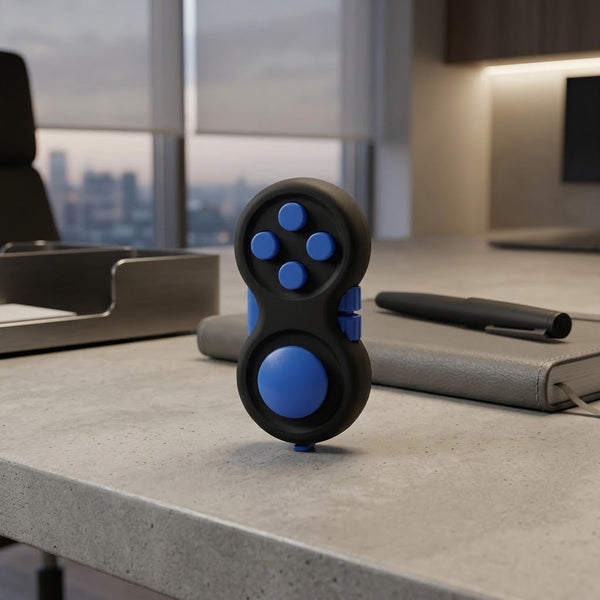 Multifunctional Fidget Stress Relief Pad, blue in a workspace