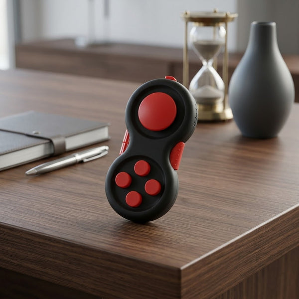 Multifunctional Fidget Stress Relief Pad, red in a workspace