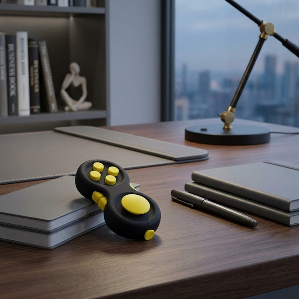 Multifunctional Fidget Stress Relief Pad, yellow in a workspace