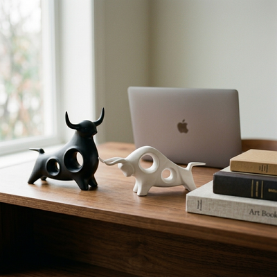 Taurus - Porcelain Charging Bull Sculpture - European-Inspired Desktop Sculpture