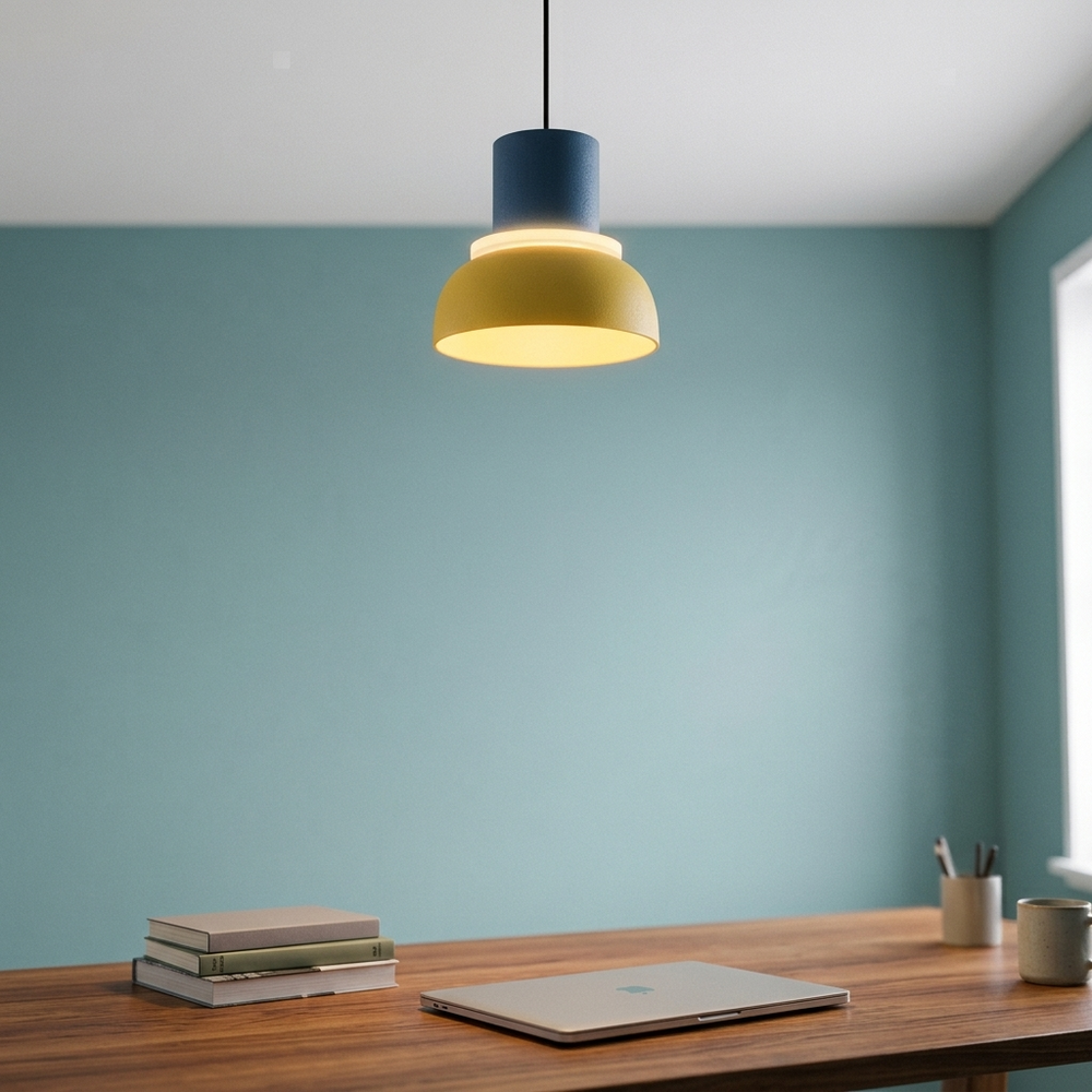 Totem in Blue and Yellow, in a workspace