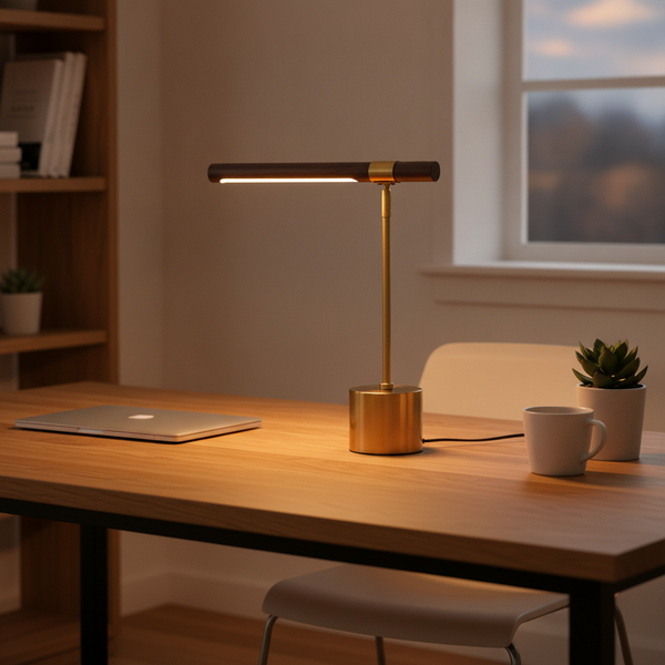 Trave - Nordic Wood Grain Table Lamp in a workspace