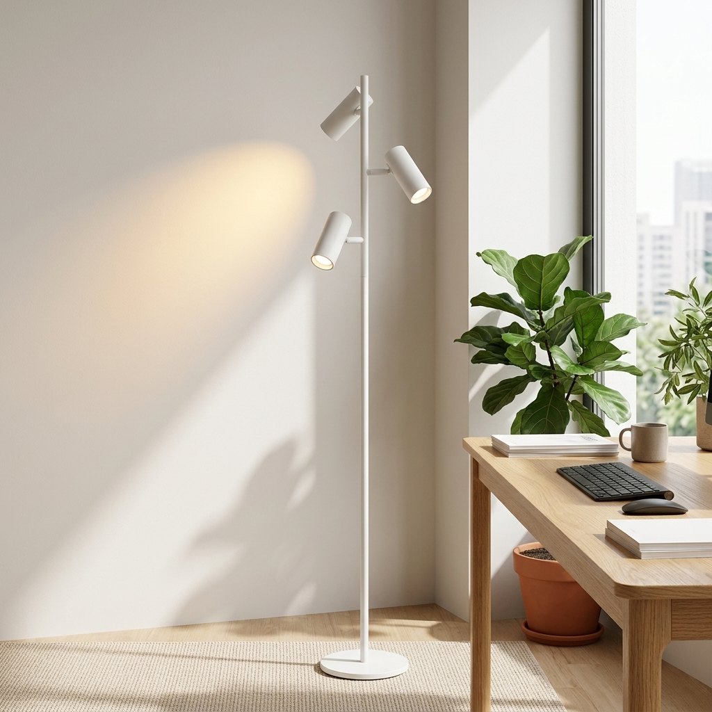 Three-Head Floor Light, white in a workspace