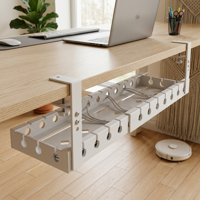 Trough - Under-Desk Cable Management Tray - No-Drill Clamp in white