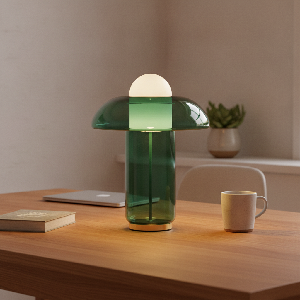 Verdi - Sculpted Green Glass Table Lamp, one size in a workspace