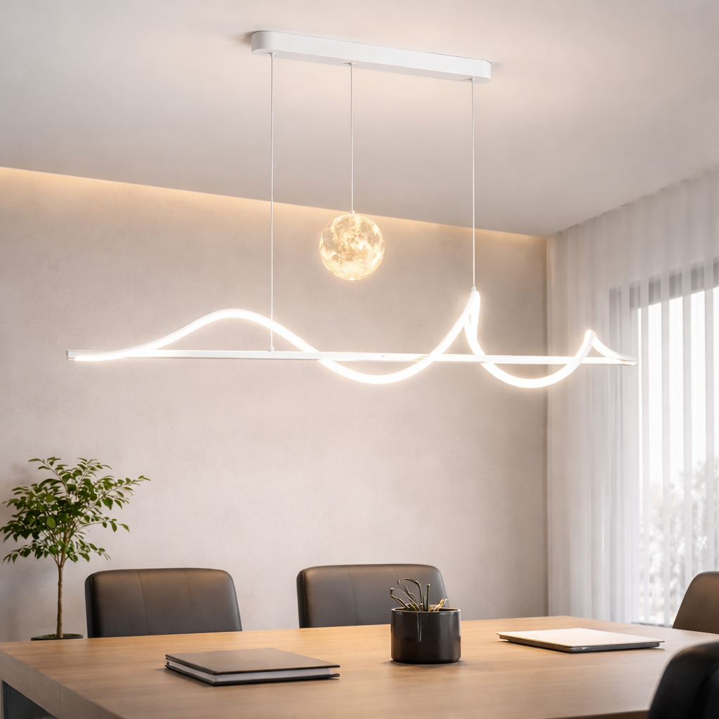 Modern Dining Room LED Chandelier, white in a workspace