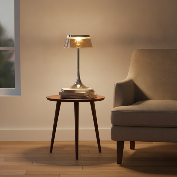 Vitrine - Rechargeable Desk Lamp, chrome in a workspace